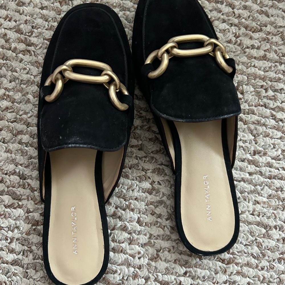 Ann Taylor Black Mules with Gold Chain Detail